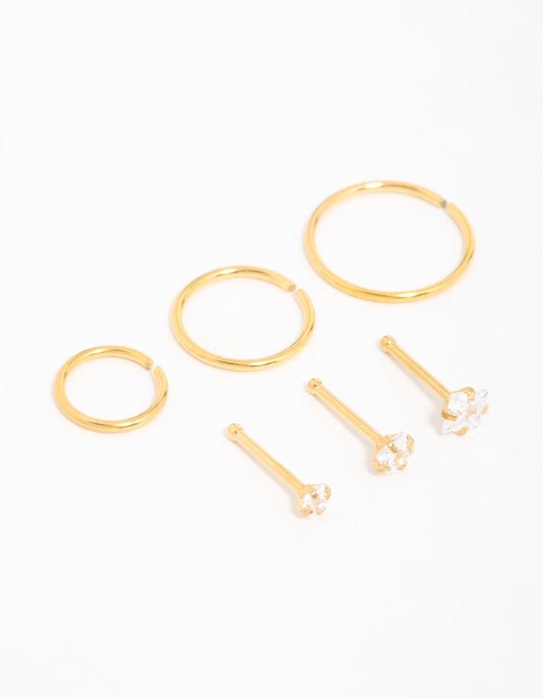 Gold Plated Surgical Steel Cubic Zirconia Stud & Hoop Nose Piercings 6-Pack