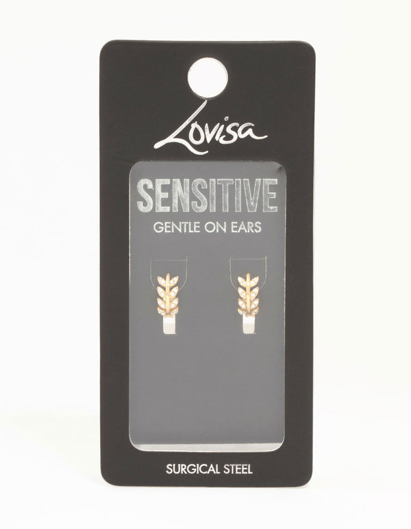 Gold Plated Surgical Steel Diamante Leaf Huggie Earrings