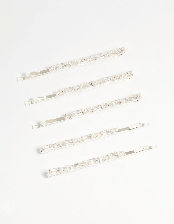 Silver Diamante Baguette & Round Hair Slides 5-Pack