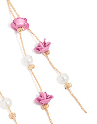 Gold Pearl & Pink Rose Chain Drop Earrings - link has visual effect only