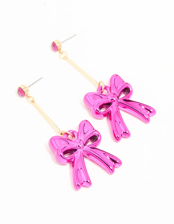 Gold Pink Diamante Bubble Bow Drop Earrings