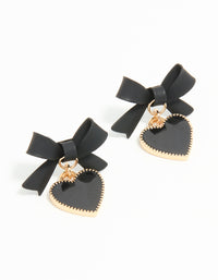 Gold Black Coated Metal Bow Drop Heart Stud Earrings - link has visual effect only
