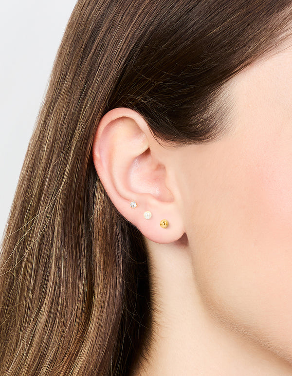 Gold Plated Surgical Steel Small Pearl & Cubic Zirconia Stud Earrings 3-Pack