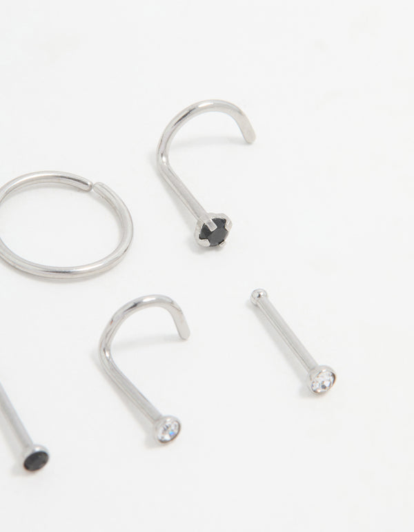 Surgical Steel Black Cubic Zirconia Nose Ring & Stud 6-Pack