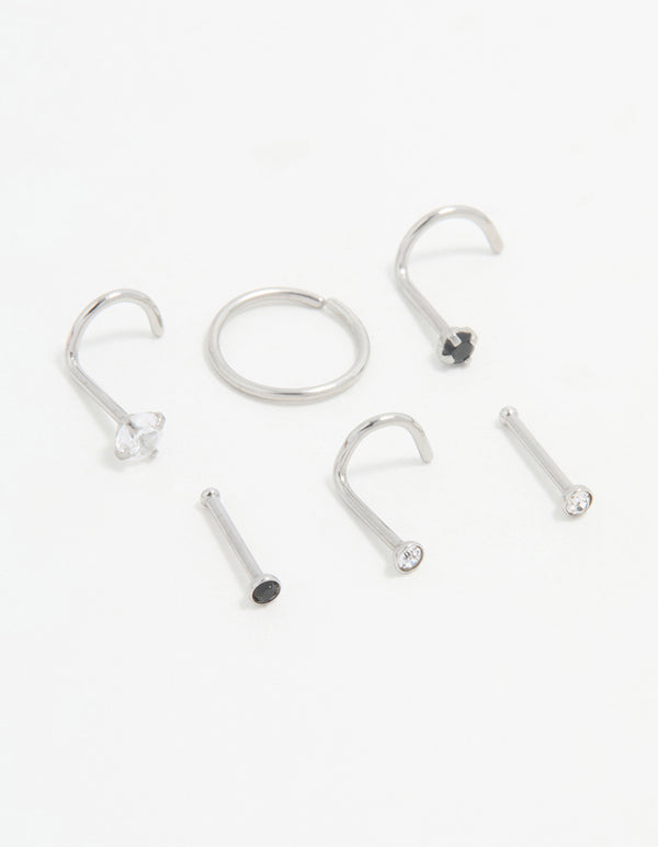 Surgical Steel Black Cubic Zirconia Nose Ring & Stud 6-Pack