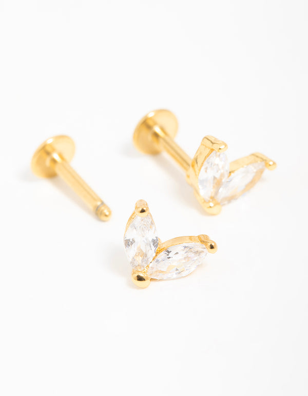 Gold Plated Surgical Steel Cubic Zirconia Leaf Flat Back Stud 2-Pack