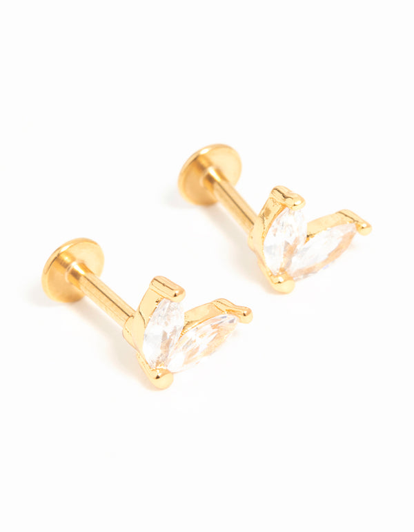 Gold Plated Surgical Steel Cubic Zirconia Leaf Flat Back Stud 2-Pack