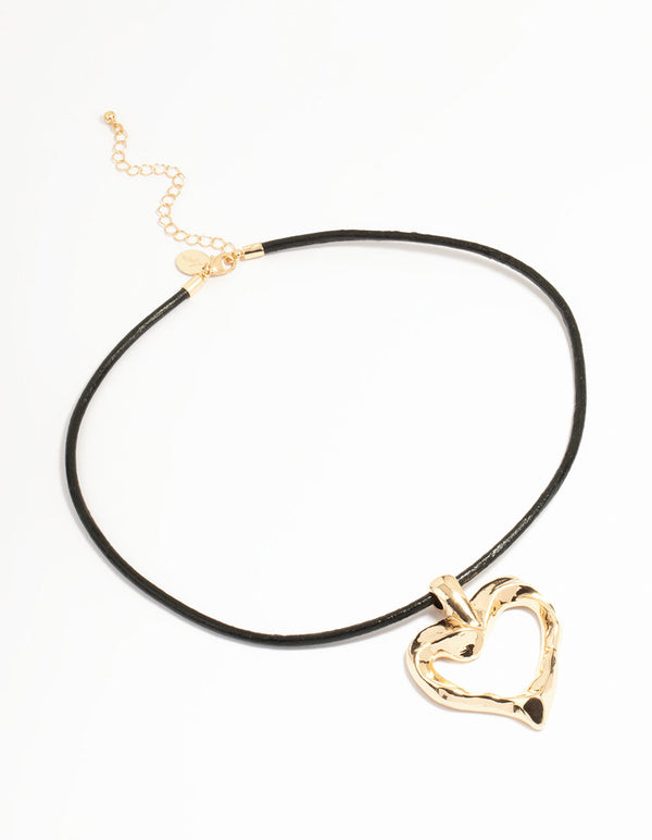 Gold Molten Heart Cord Pendant Necklace