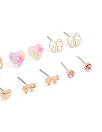 Gold Bow & Heart Stud Earrings 8-Pack - link has visual effect only