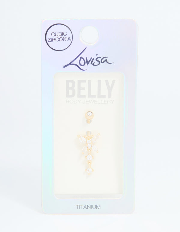 Gold Plated Titanium Cubic Zirconia Butterfly Belly Bar