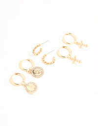 Gold Diamante Cross Huggie Earrings 3-Pack - link has visual effect only