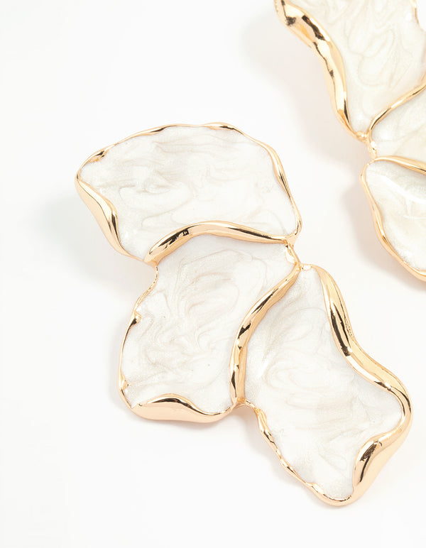 White Coated Metal Marble Floral Drop Earrings