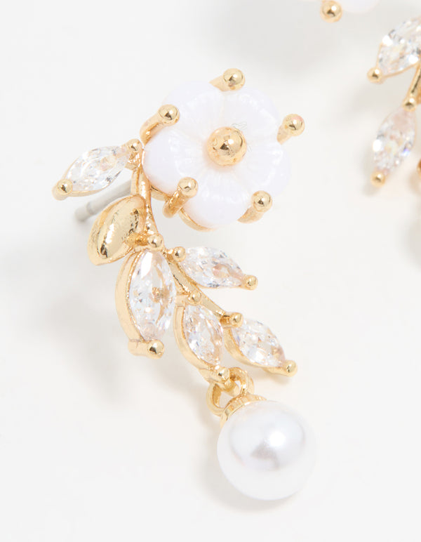 Gold Plated Pearl Flower Drop Earrings