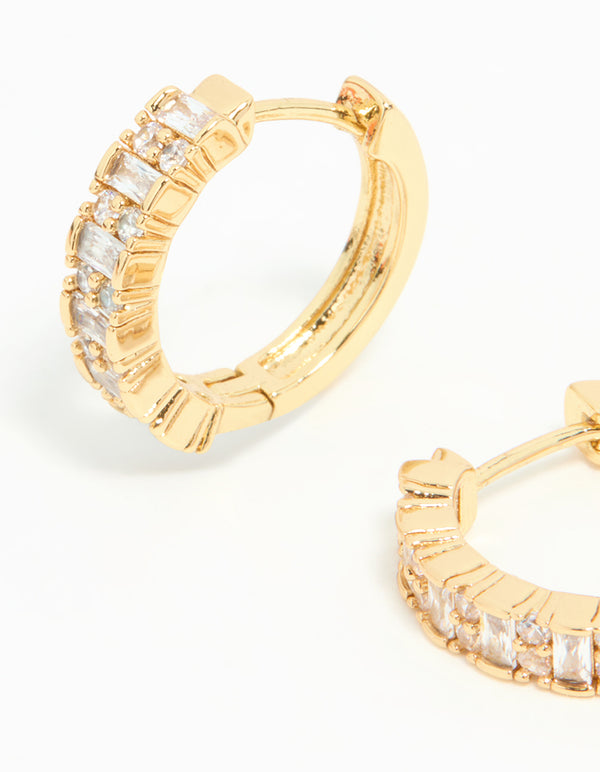 Gold Plated Diamante Baguette Pave Hoop Earrings