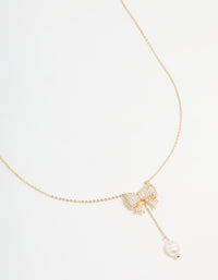 Gold Plated Pearl & Cubic Zirconia Chunky Bow Y-Necklace - link has visual effect only
