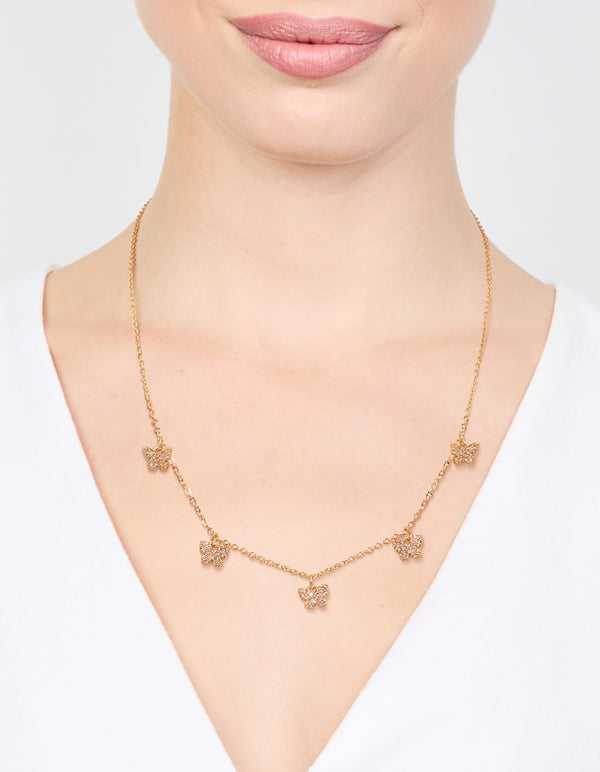 Gold Plated Diamante Butterfly Dainty Charm Necklace