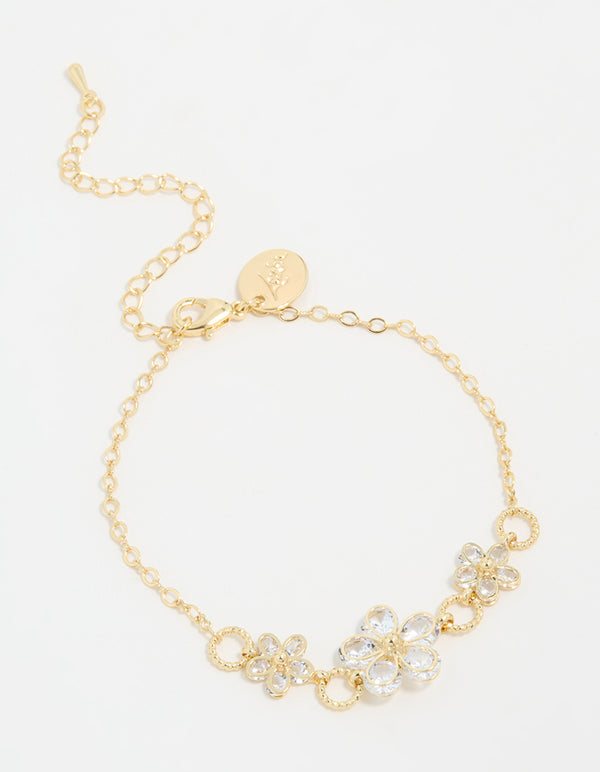 Gold Plated Cubic Zirconia Flower Station Bracelet