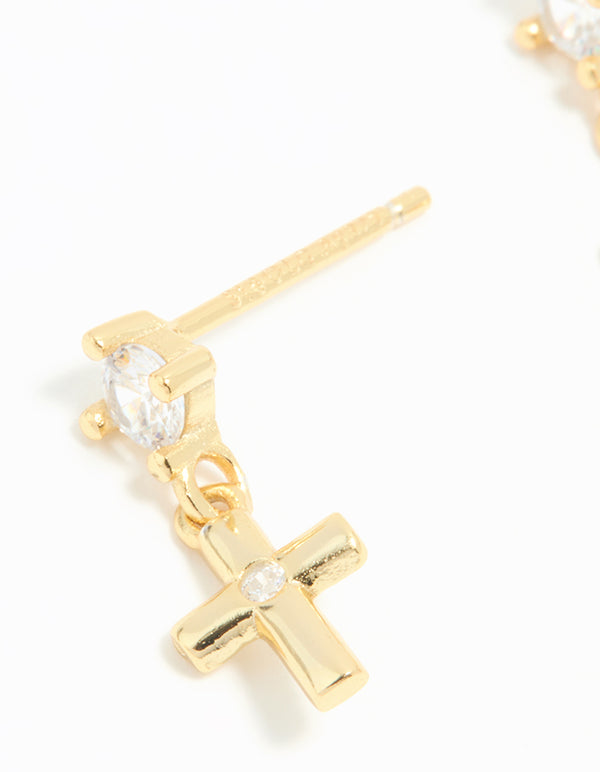Gold Plated Sterling Silver Cubic Zirconia Cross Drop Earrings