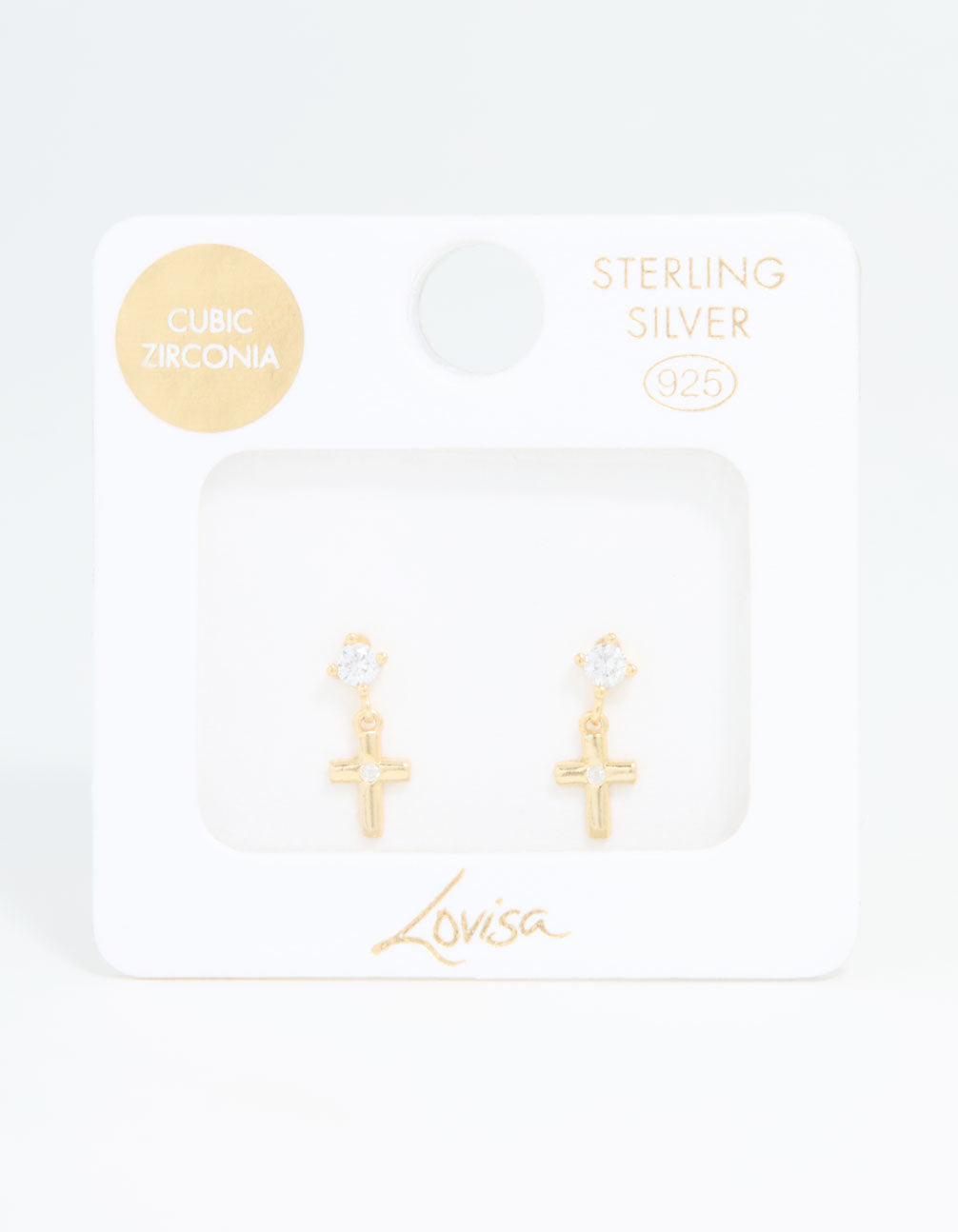 Gold Plated Sterling Silver Cubic Zirconia Cross Drop Earrings