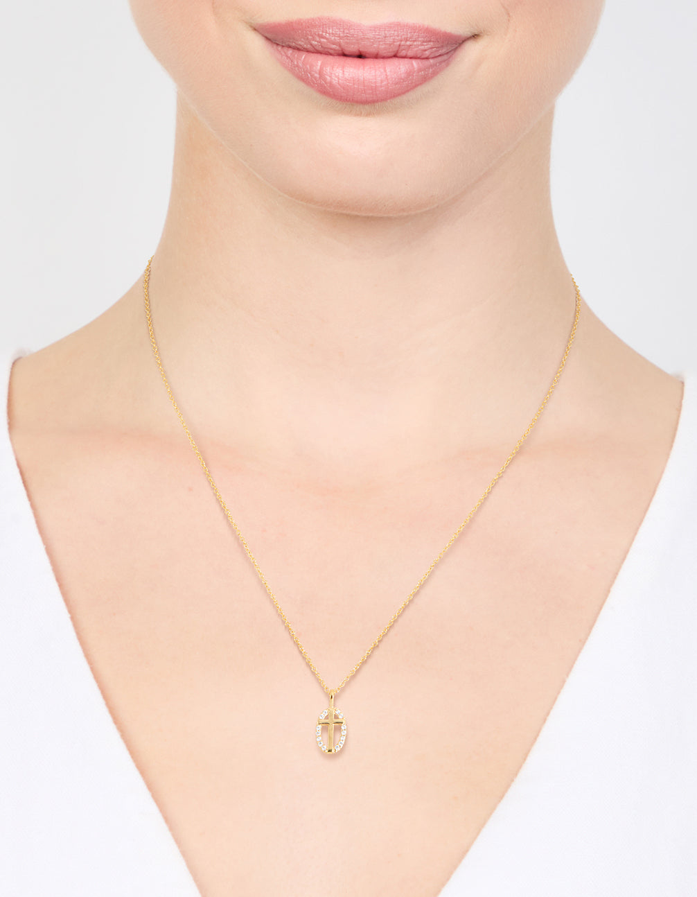 Gold Plated Sterling Silver Cubic Zirconia Oval Cross Necklace