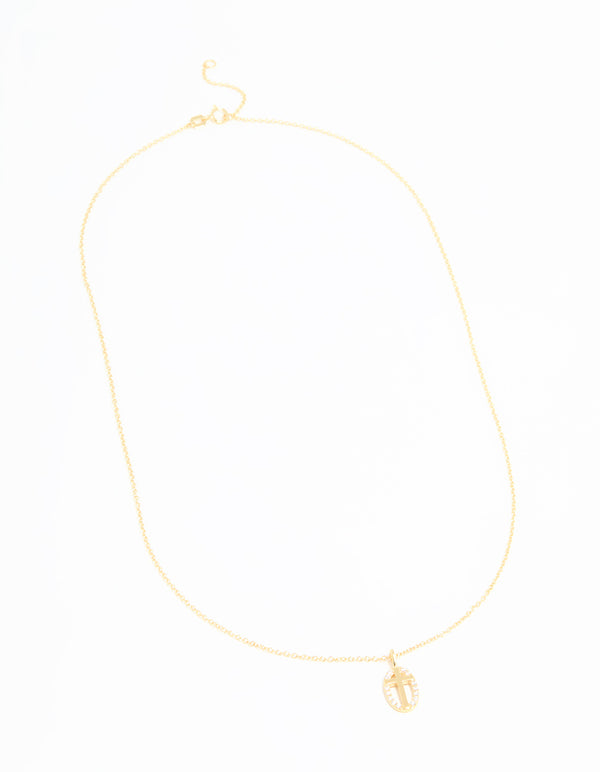 Gold Plated Sterling Silver Cubic Zirconia Oval Cross Necklace