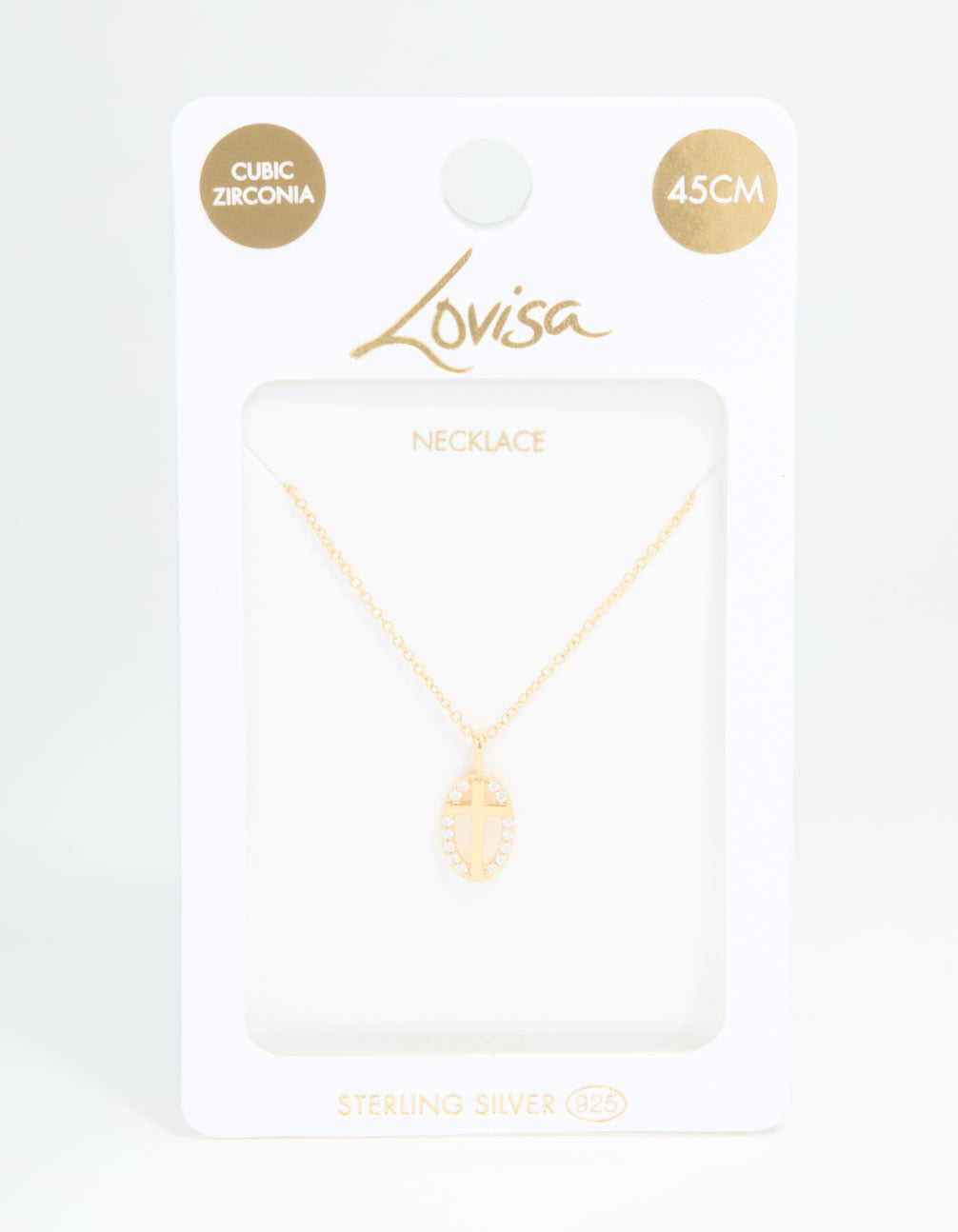 Gold Plated Sterling Silver Cubic Zirconia Oval Cross Necklace