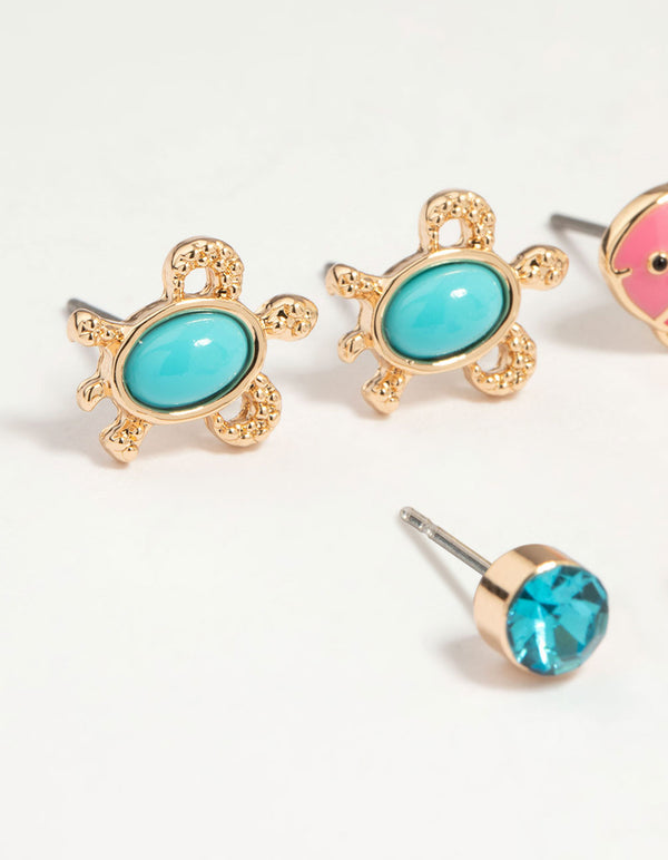 Kids Gold Sea Theme Stud Earrings 6-Pack