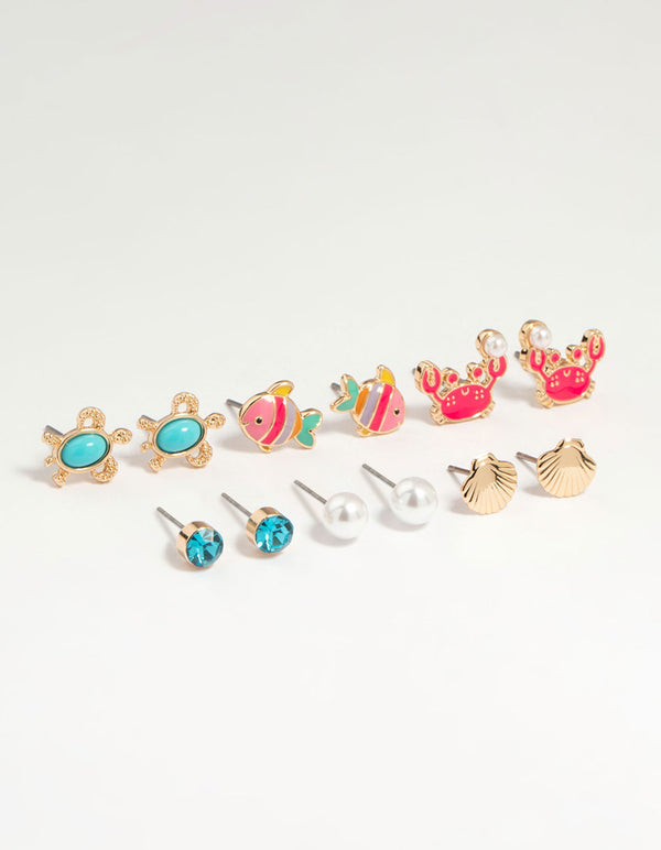 Kids Gold Sea Theme Stud Earrings 6-Pack