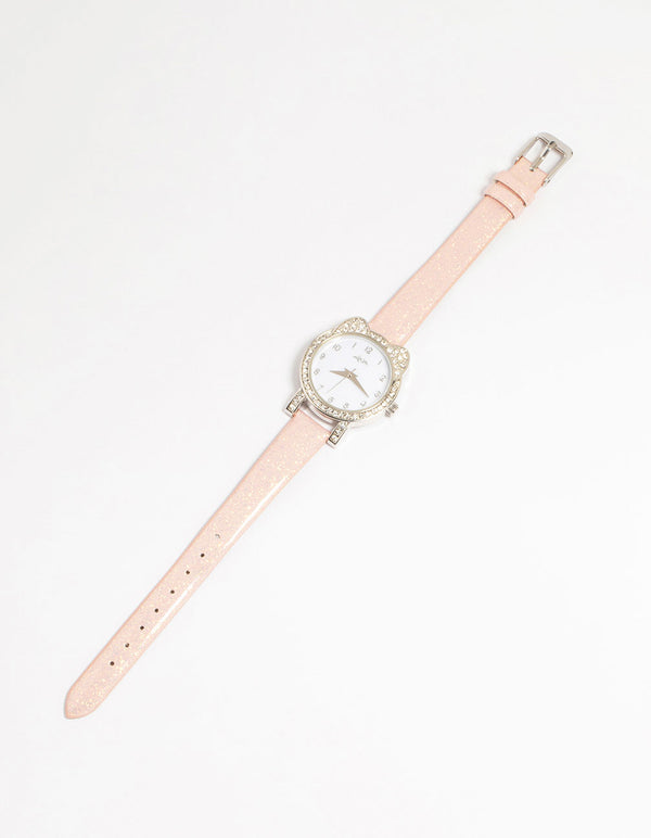 Kids PU Leather Diamante Cat Bezel Watch