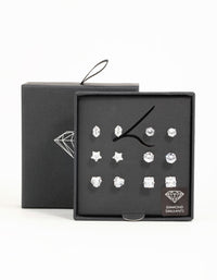Silver Diamante Geometric Stud Earrings 6-Pack - link has visual effect only