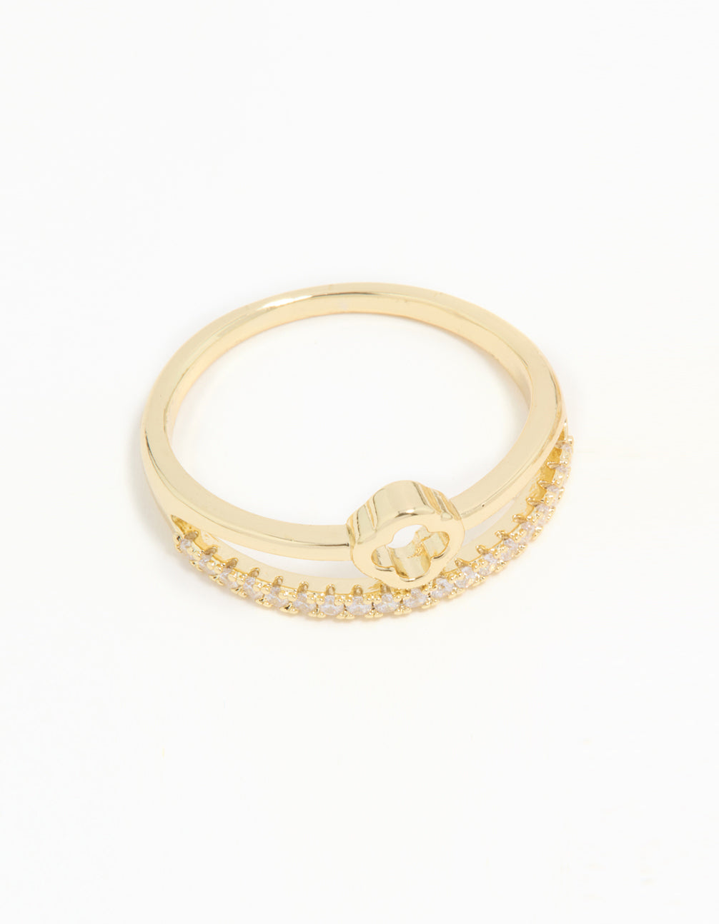 Gold Plated Cubic Zirconia Dainty Stacked Flower & Band Rings 2-Pack