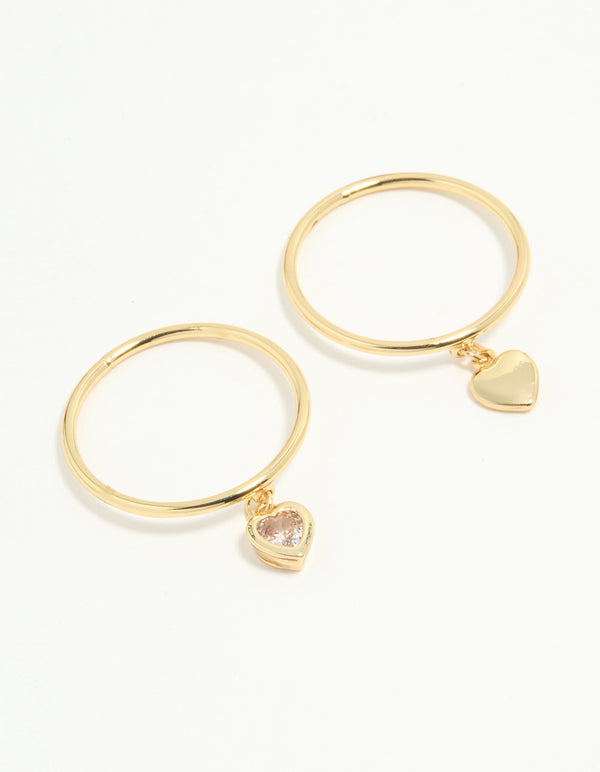 Gold Plated Dainty Heart Charm Rings 2-Pack