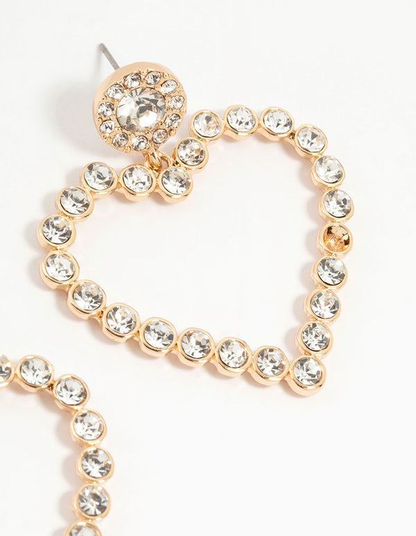 Gold Diamante Mega Heart Drop Earrings