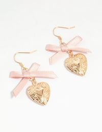 Gold Heart Locket & Pink Bow Drop Earrings - link has visual effect only