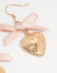 Gold Heart Locket & Pink Bow Drop Earrings - link has visual effect only