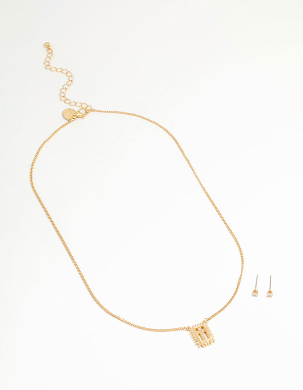 Gold Plated Cubic Zirconia Cross Necklace & Stud Earrings Set