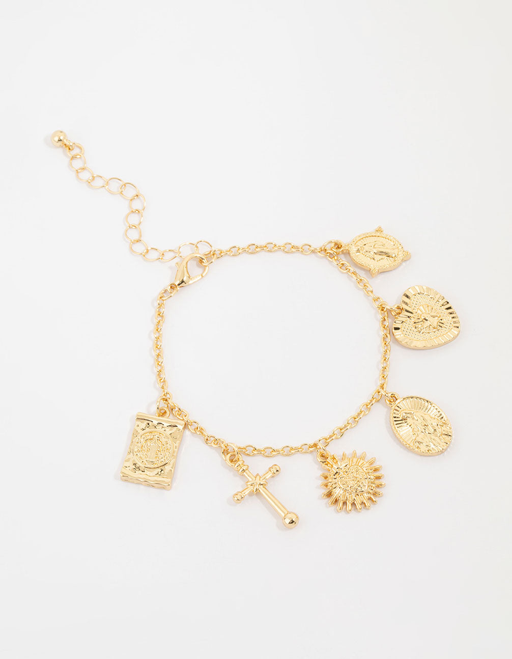 Gold Plated Cross Heart & Sun Charm Bracelet