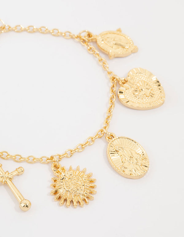 Gold Plated Cross Heart & Sun Charm Bracelet