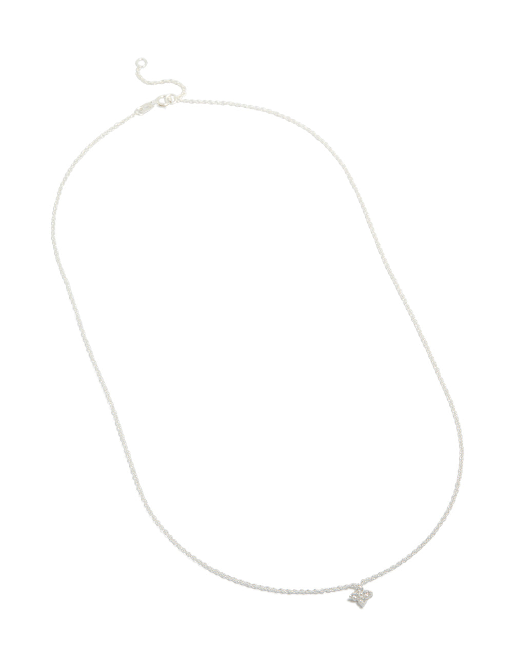 Showcasing a sterling silver cubic zirconia micro flower pendant necklace with dainty front view
