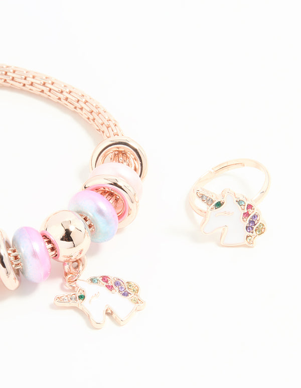 Kids Rose Gold Unicorn Stretch Bracelet & Ring Set