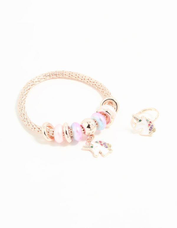 Kids Rose Gold Unicorn Stretch Bracelet & Ring Set