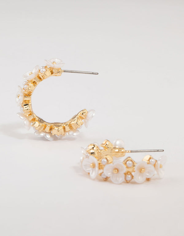 Gold Plated Cubic Zirconia Flower Chunky Hoop Earrings