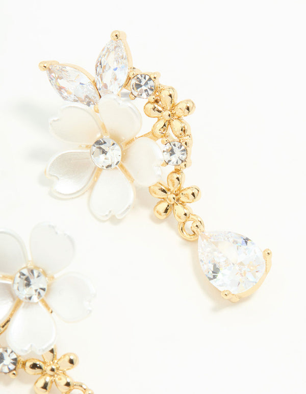 Gold Plated Cubic Zirconia Flower Drop Earrings