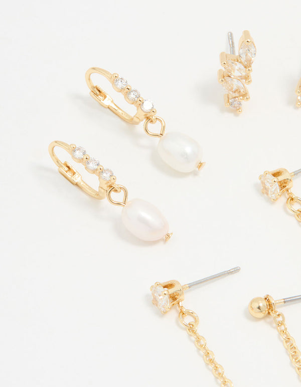 Gold Plated Cubic Zirconia Marquise Freshwater Pearl Earrings 3-Pack