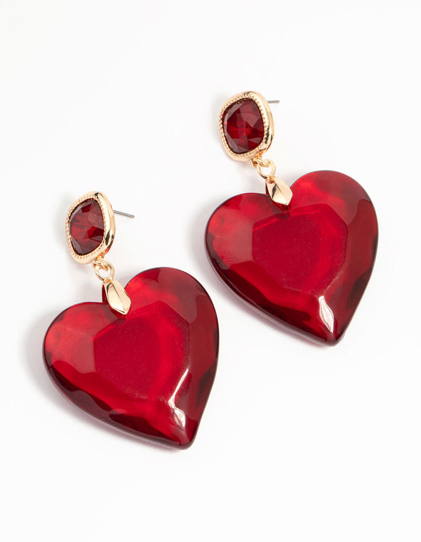 Gold Red Acrylic Heart Drop Earrings