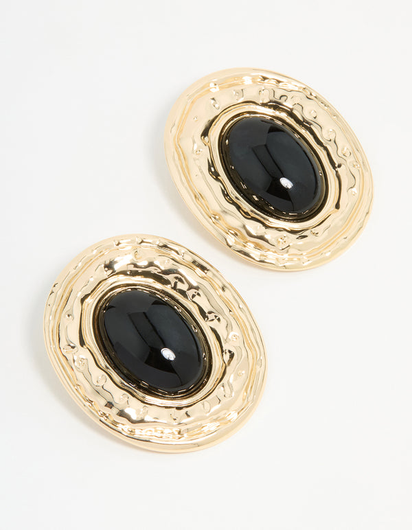 Gold Hammered Black Stone Stud Earrings