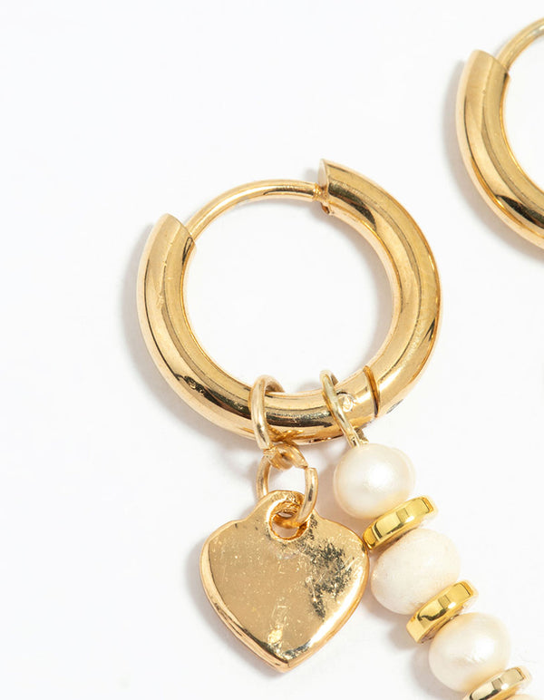 Waterproof Gold Plated Stainless Steel Pearl Heart Drop Huggie Earrings