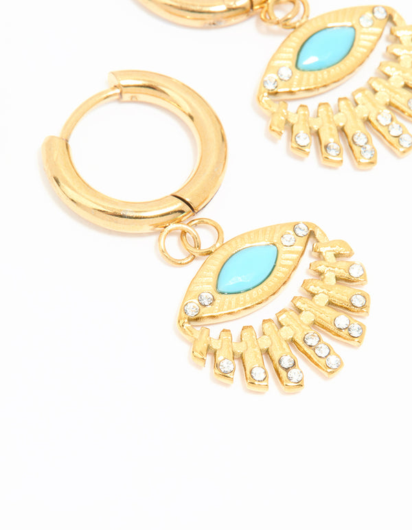 Waterproof Gold Plated Stainless Steel Fan Evil Eye Drop Earrings