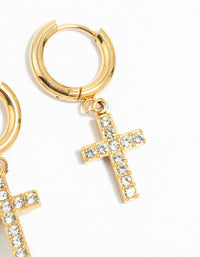 Waterproof Gold Plated Stainless Steel Diamante Cross Huggie Earrings - link has visual effect only