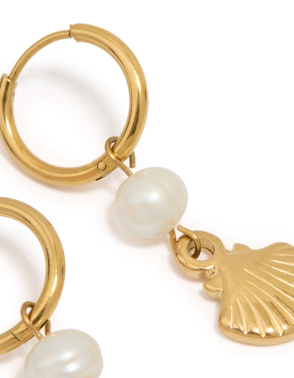 Waterproof Gold Plated Stainless Steel Pearl Shell Drop Huggie Earrings